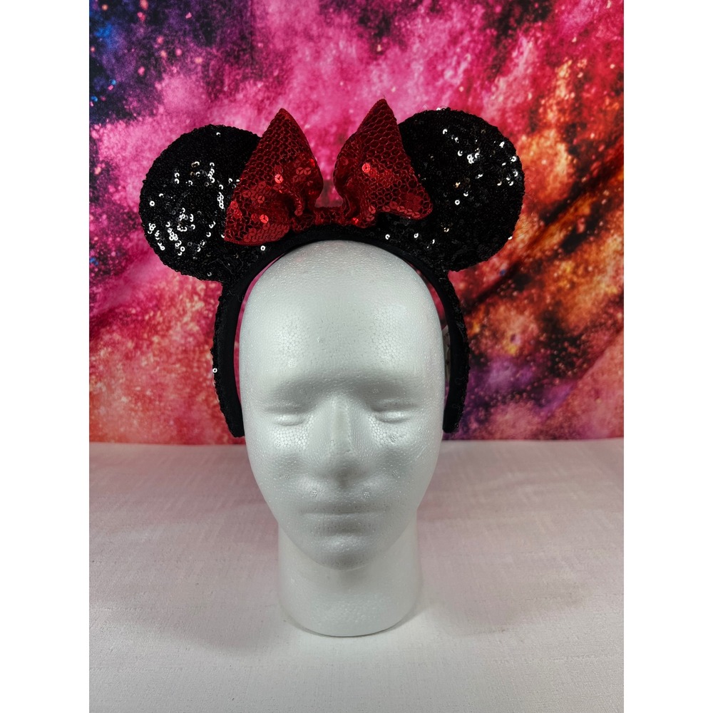 Disney Parks Minnie Mouse Sequin Ear Headband Black Red Bow Accessory